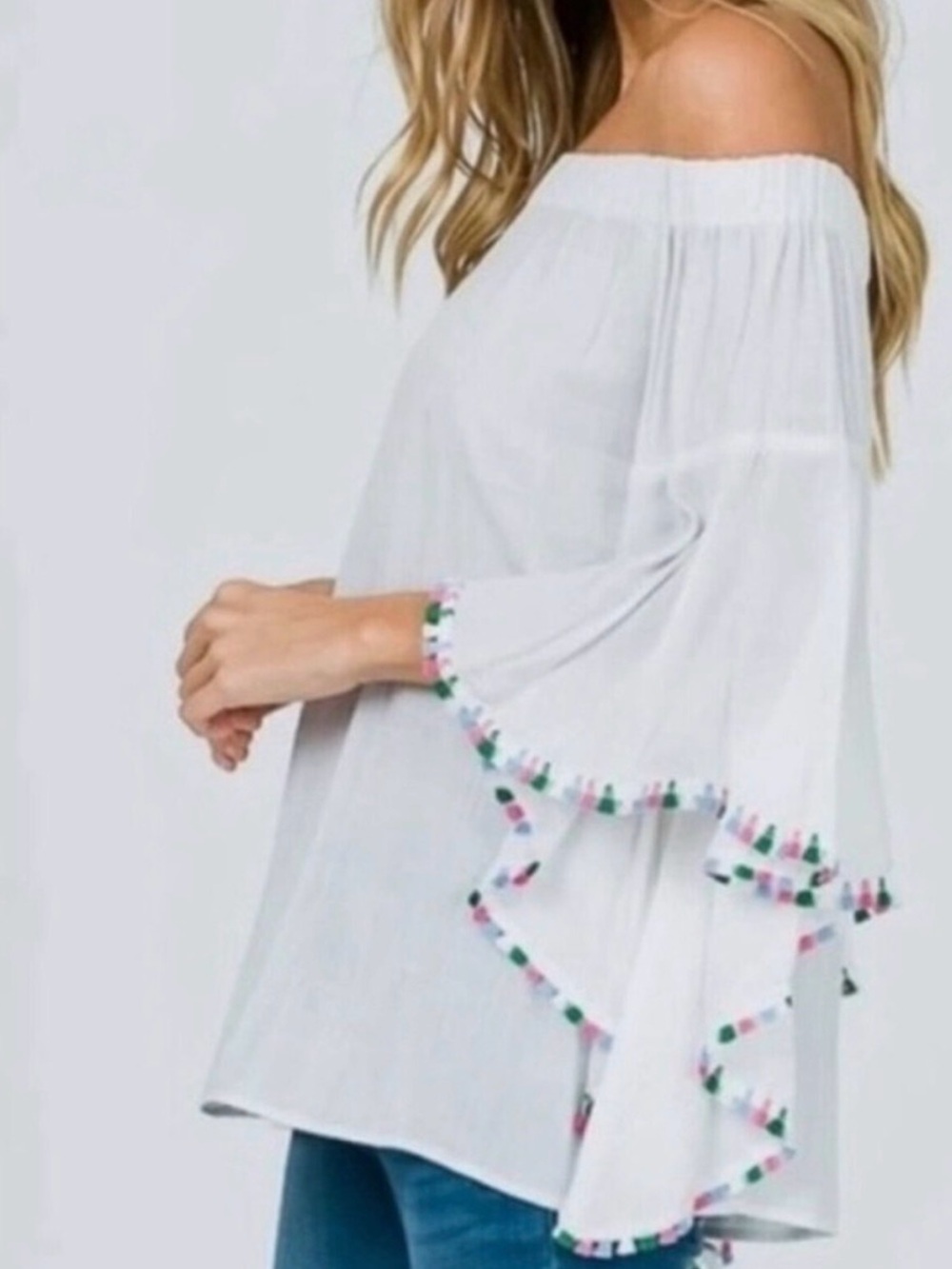 ZARA White Linen off the Shoulder Top with Fringe Size Small NWOT